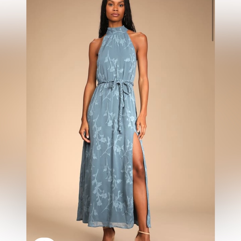 Lulus Blue Satin High Neck Dress